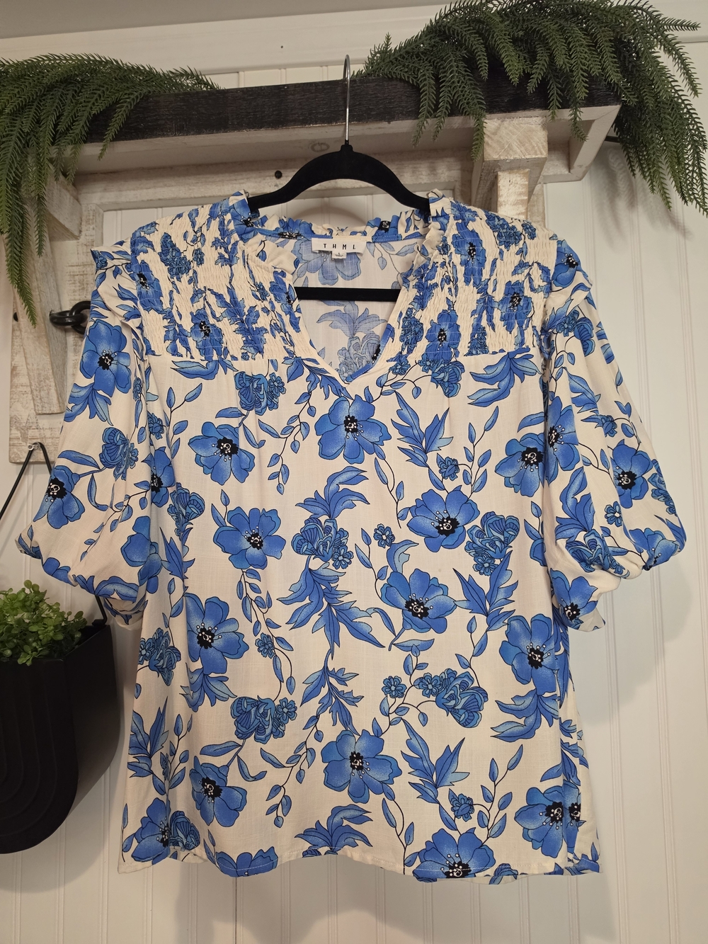 THML Cream Blouse with Blue Floral Print